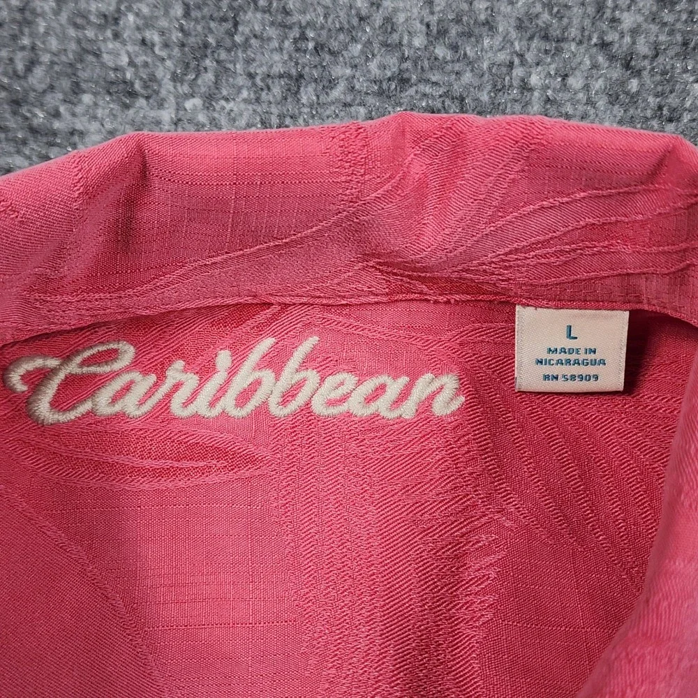 Caribbean Mens Large Pink Tropical Leaf Jacquard Modal Blend Camp Shirt L - Picture 2 of 6